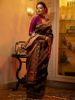 Black Soft Banarasi Silk Zari Woven Saree With Blouse Piece