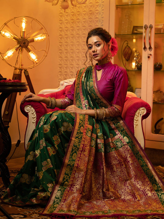 Green Soft Banarasi Silk Zari Woven Saree With Blouse Piece