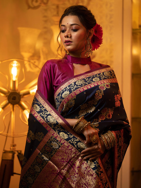 Navy Blue Soft Banarasi Silk Zari Woven Saree With Blouse Piece