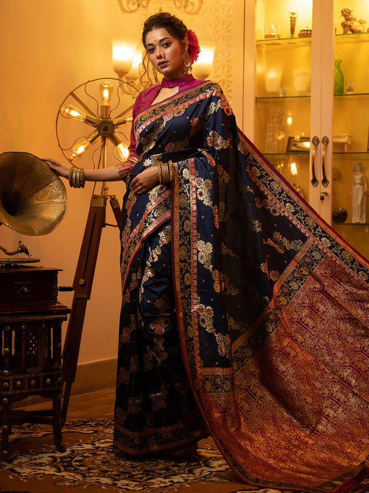 Navy Blue Soft Banarasi Silk Zari Woven Saree With Blouse Piece