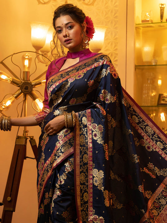 Navy Blue Soft Banarasi Silk Zari Woven Saree With Blouse Piece