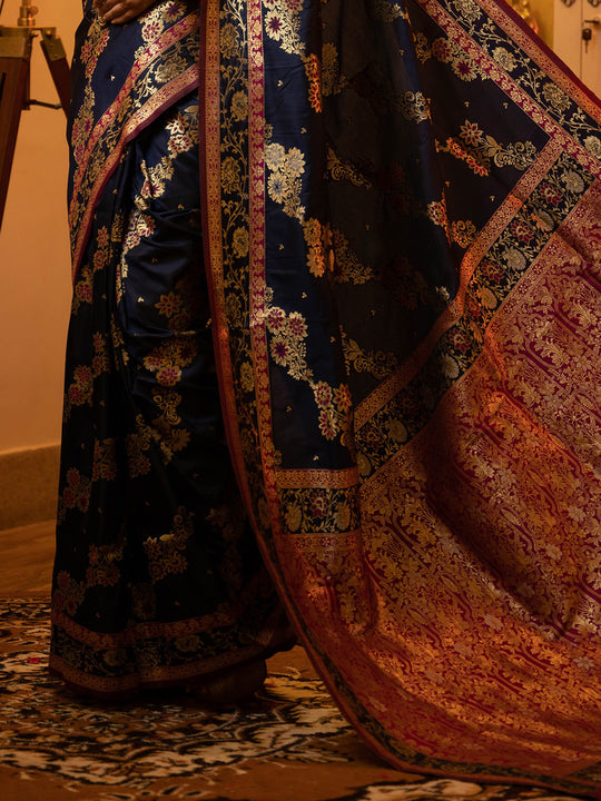 Navy Blue Soft Banarasi Silk Zari Woven Saree With Blouse Piece