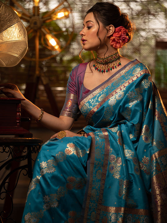 Blue Soft Banarasi Silk Zari Woven Saree With Blouse Piece