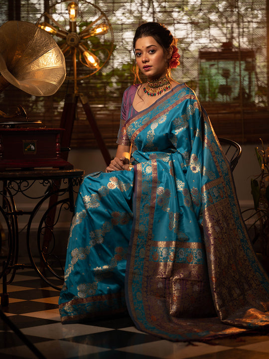 Blue Soft Banarasi Silk Zari Woven Saree With Blouse Piece