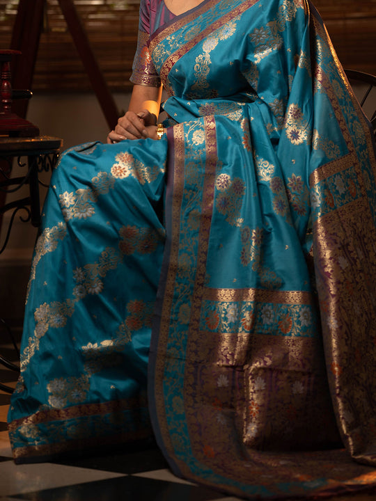 Blue Soft Banarasi Silk Zari Woven Saree With Blouse Piece