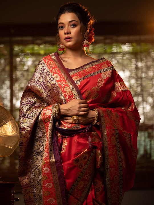 Red Soft Banarasi Silk Zari Woven Saree With Blouse Piece