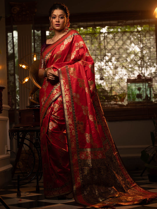 Red Soft Banarasi Silk Zari Woven Saree With Blouse Piece
