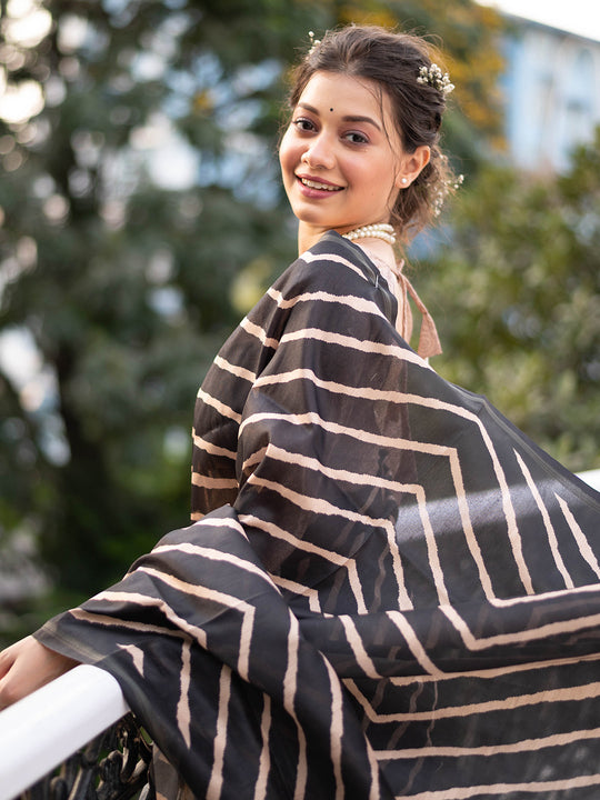 Black Tussar Silk Leheriya Printed Zari Border Saree With Blouse Piece