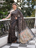 Black Tussar Silk Leheriya Printed Zari Border Saree With Blouse Piece