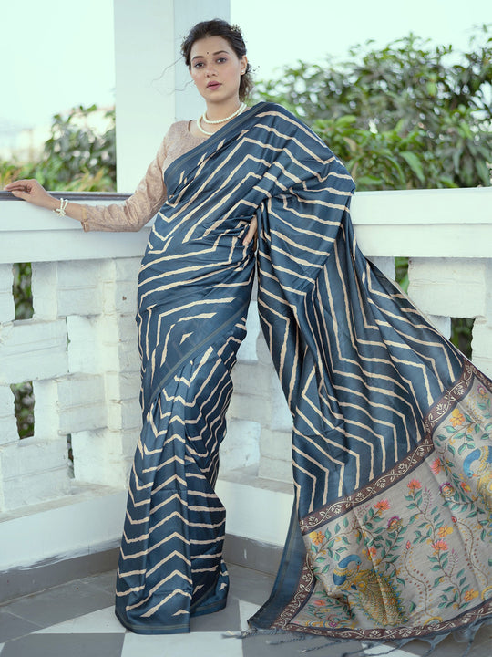 Blue Tussar Silk Leheriya Printed Zari Border Saree With Blouse Piece