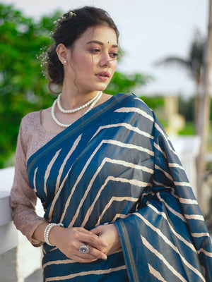 Blue Tussar Silk Leheriya Printed Zari Border Saree With Blouse Piece