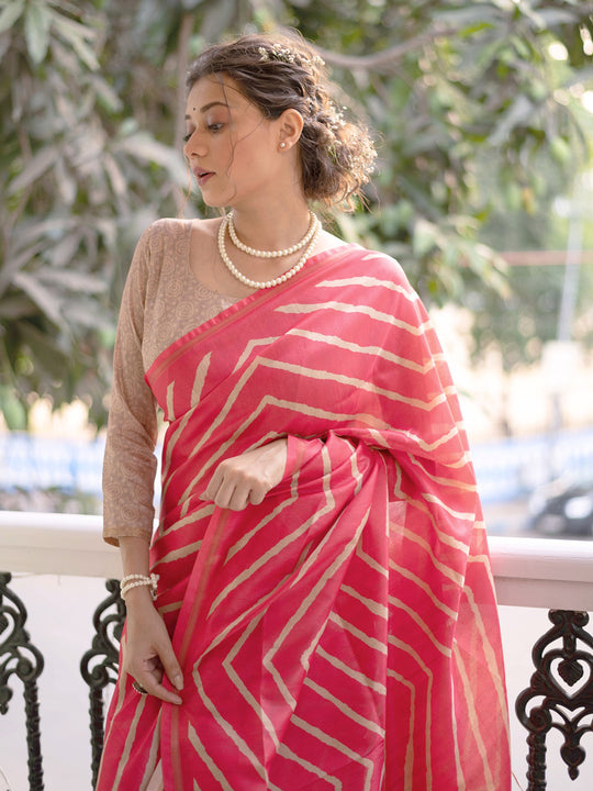 Pink Tussar Silk Leheriya Printed Zari Border Saree With Blouse Piece