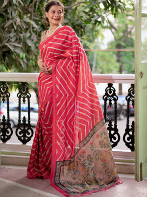 Pink Tussar Silk Leheriya Printed Zari Border Saree With Blouse Piece