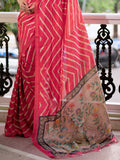Pink Tussar Silk Leheriya Printed Zari Border Saree With Blouse Piece