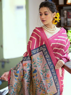 Pink Tussar Silk Leheriya Printed Zari Border Saree With Blouse Piece