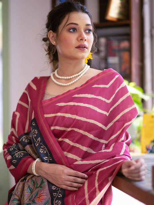 Pink Tussar Silk Leheriya Printed Zari Border Saree With Blouse Piece