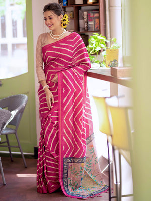Pink Tussar Silk Leheriya Printed Zari Border Saree With Blouse Piece