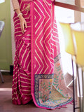Pink Tussar Silk Leheriya Printed Zari Border Saree With Blouse Piece
