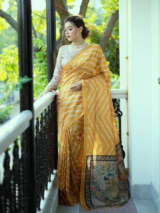Yellow Tussar Silk Leheriya Printed Zari Border Saree With Blouse Piece