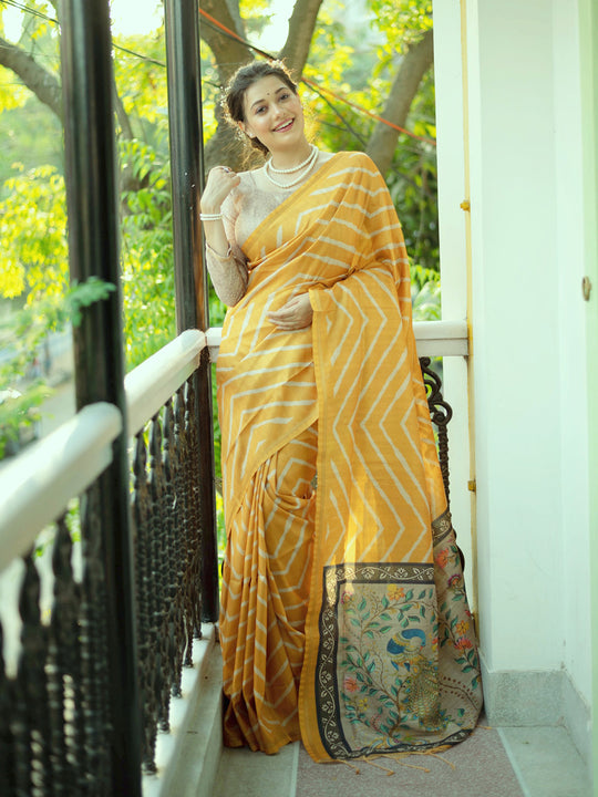 Yellow Tussar Silk Leheriya Printed Zari Border Saree With Blouse Piece