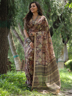 Brown Soft Tussar Silk Printed Saree With Blouse Piece