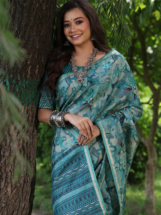 Sky Blue Soft Tussar Silk Printed Saree With Blouse Piece