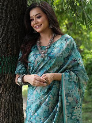 Sky Blue Soft Tussar Silk Printed Saree With Blouse Piece