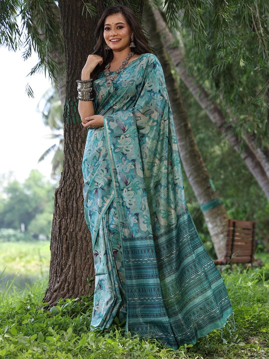 Sky Blue Soft Tussar Silk Printed Saree With Blouse Piece
