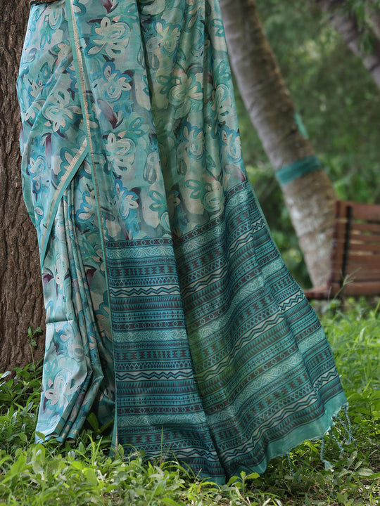 Sky Blue Soft Tussar Silk Printed Saree With Blouse Piece