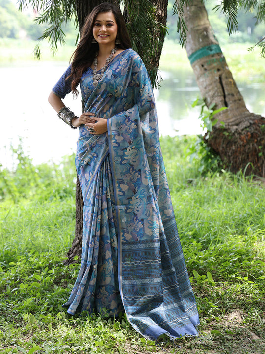 Blue Soft Tussar Silk Printed Saree With Blouse Piece