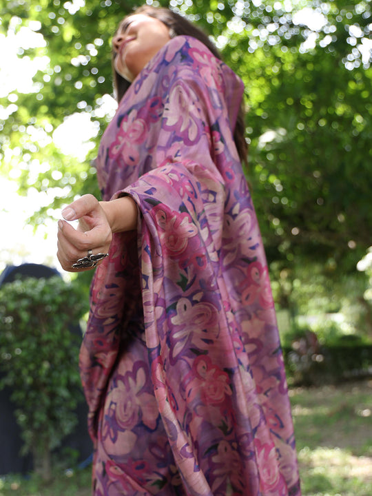 Purple Soft Tussar Silk Printed Saree With Blouse Piece