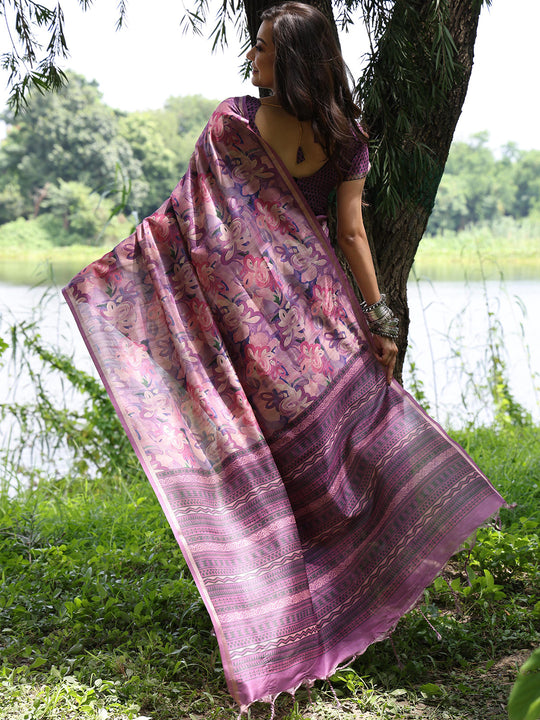 Purple Soft Tussar Silk Printed Saree With Blouse Piece