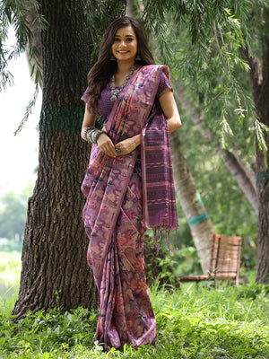 Purple Soft Tussar Silk Printed Saree With Blouse Piece