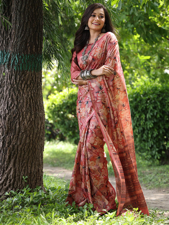 Maroon Soft Tussar Silk Printed Saree With Blouse Piece