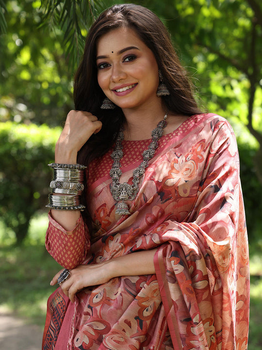 Maroon Soft Tussar Silk Printed Saree With Blouse Piece