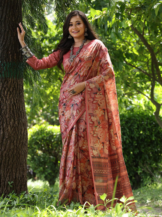 Maroon Soft Tussar Silk Printed Saree With Blouse Piece