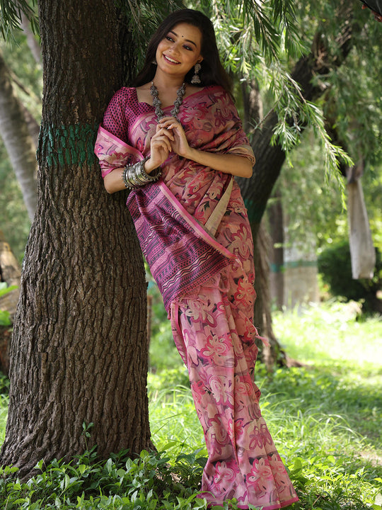 Wine Soft Tussar Silk Printed Saree With Blouse Piece