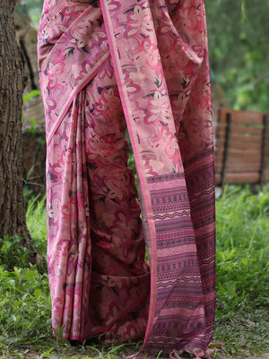 Wine Soft Tussar Silk Printed Saree With Blouse Piece