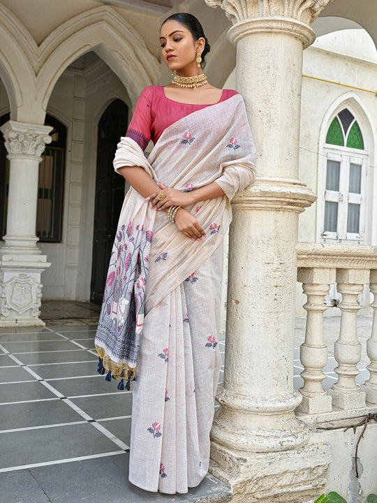 Navy Blue Soft Muga Cotton Floral Saree With Blouse Piece