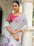 Navy Blue Soft Muga Cotton Floral Saree With Blouse Piece