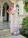 Navy Blue Soft Muga Cotton Floral Saree With Blouse Piece