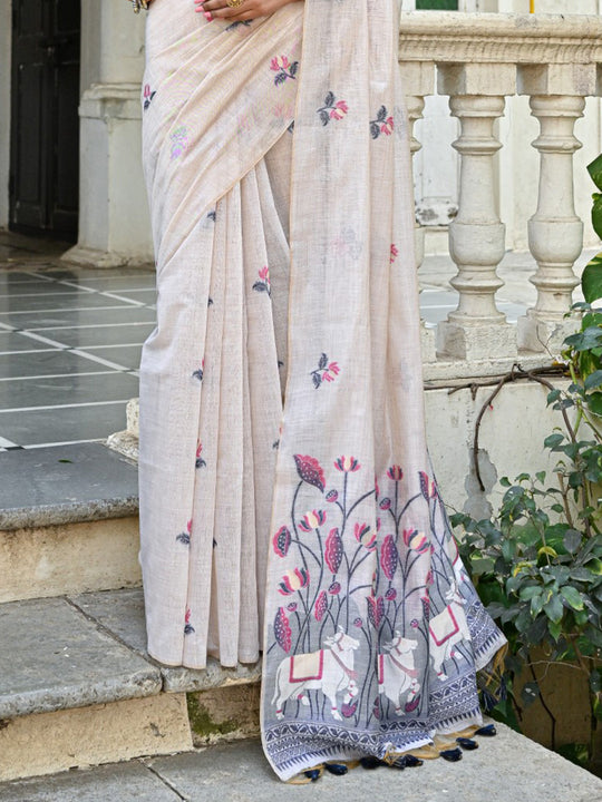 Navy Blue Soft Muga Cotton Floral Saree With Blouse Piece