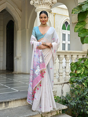 Pink Soft Muga Cotton Floral Saree With Blouse Piece