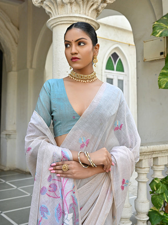 Pink Soft Muga Cotton Floral Saree With Blouse Piece