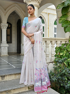 Pink Soft Muga Cotton Floral Saree With Blouse Piece