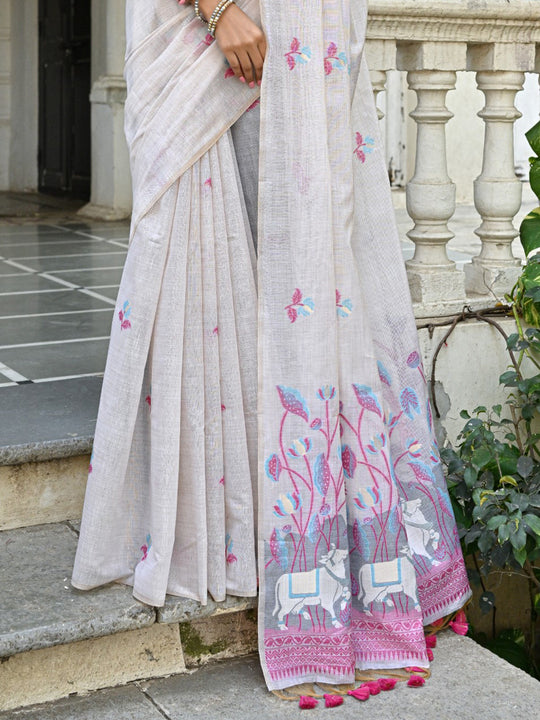 Pink Soft Muga Cotton Floral Saree With Blouse Piece