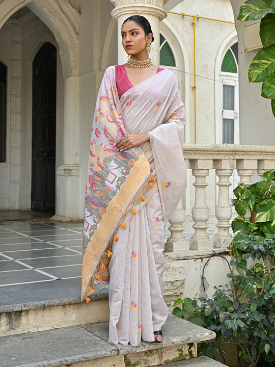 Yellow Soft Muga Cotton Floral Saree With Blouse Piece