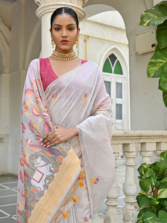 Yellow Soft Muga Cotton Floral Saree With Blouse Piece