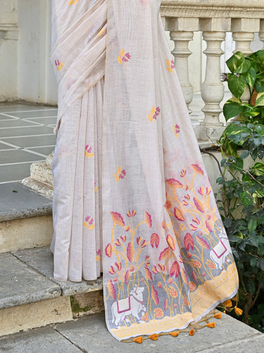 Yellow Soft Muga Cotton Floral Saree With Blouse Piece