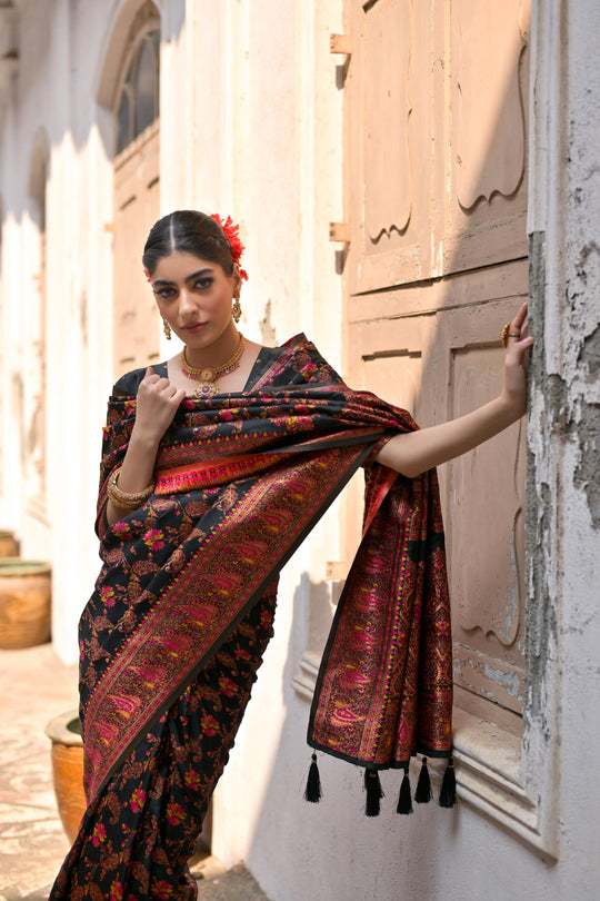Black Soft Pashmina Silk Meena Zari Woven Saree with Blouse